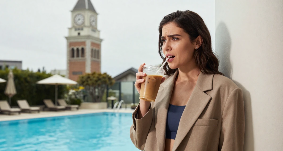 A anxious but excited Female Former massage therapist, now offering wellness-focused content in their 22, clutching an iced coffee as a survival tool, wearing a oversized blazer draped over the shoulders, humming a tune visually in a swimming pool.