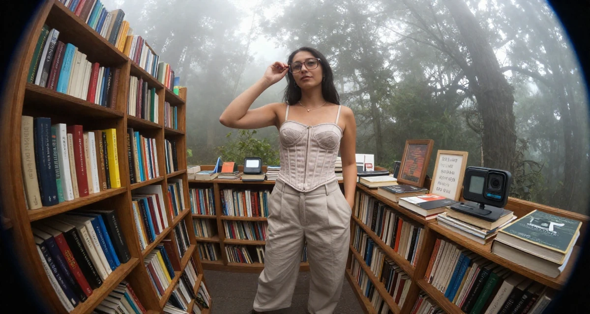 A confident Female From Australia, majored in e-commerce in their 23, adjusting pricing after analyzing monthly performance, wearing a corset-style top and wide-leg trousers, adjusting glasses in a vintage bookstore.