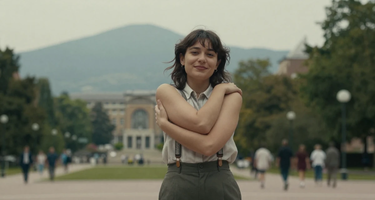 A quietly happy Female From France, studied fashion design in their 29, seeking mentorship and higher guidance, wearing a high-waisted skirt with suspenders and a shirt, stretching the neck in a university campus.