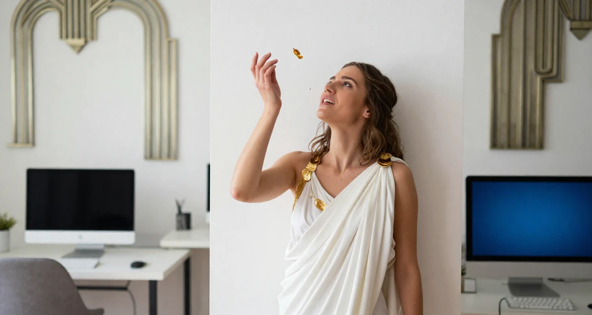 A carefree Female From Bucharest Romania, trained in expressive posing in their 23, learning the pain of “low views after high effort”, wearing a greek goddess toga with gold leaf accessories, catching a falling flower petal in a modern apartment.