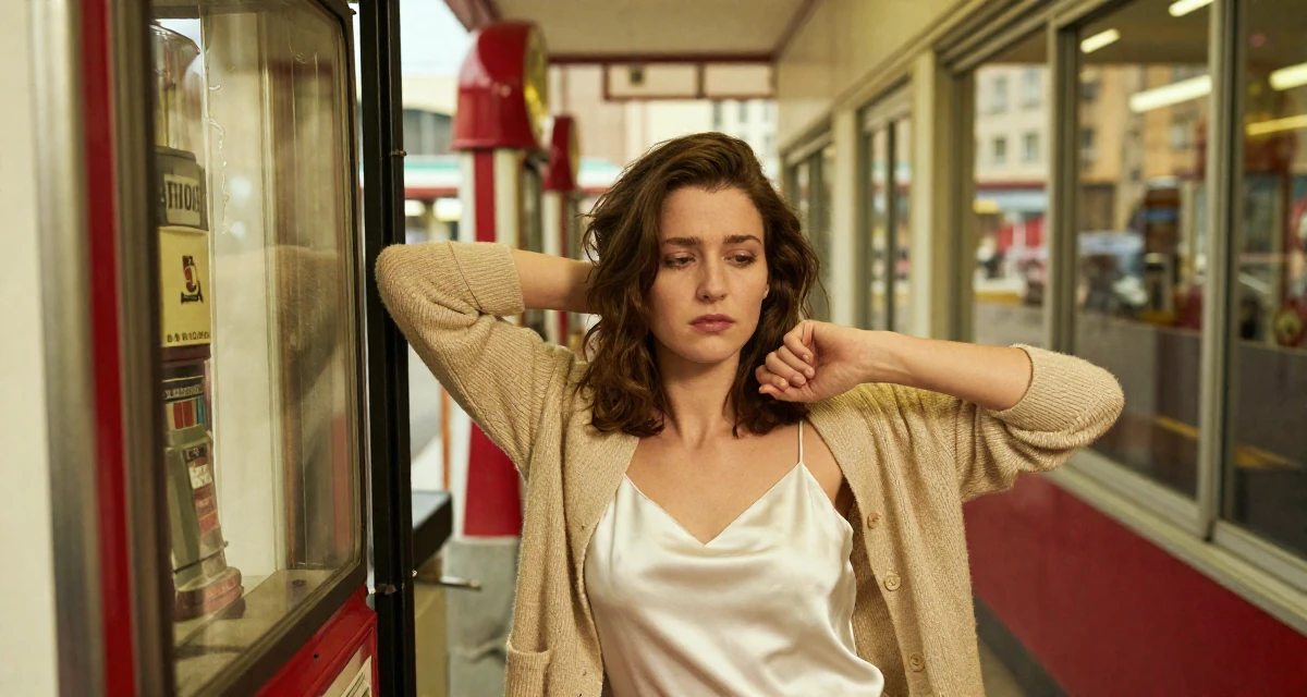 A tranquil Female From Belgium, has a degree in international law in their 24, hiding stress behind carefully curated posts, wearing a white silk camisole and a beige cardigan, stretching arms after waking in a narrow hallway.