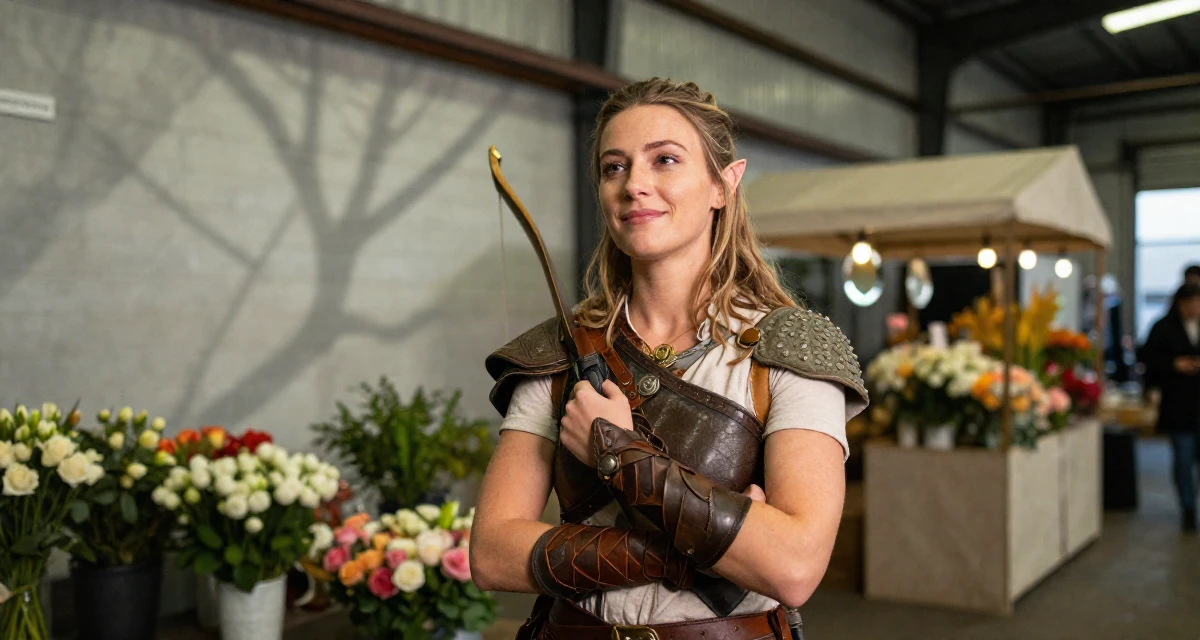 A peaceful Female Grew up in Australia, majored in digital communication in their 25, vibrating with creative potential, wearing a fantasy elven archer outfit with leather armor details, adjusting a backpack strap in a industrial warehouse.
