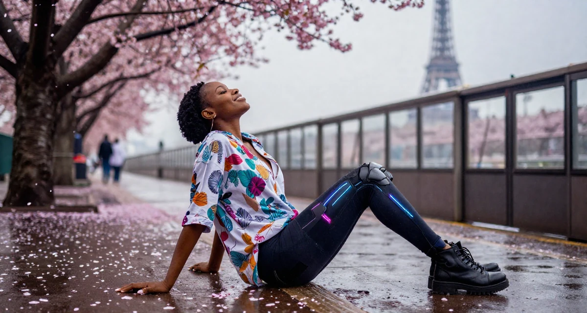 A blissful Female From Lagos Nigeria, majored in digital marketing in their 31, teaching photography and editing skills, wearing a relaxed vacation shirt, stepping onto a curb in a subway station.