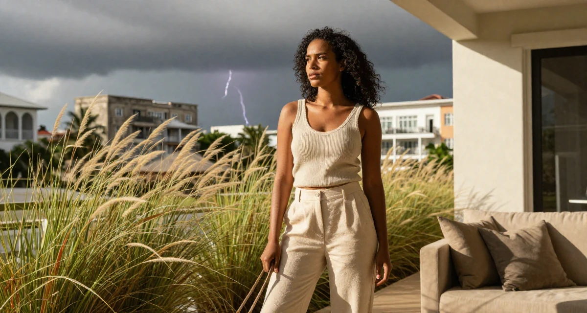 A timid Female From Barbados, majored in digital entrepreneurship in their 26, exploring digital nomad life, wearing a monochromatic beige outfit with a knit top and trousers, holding a leash in a sunlit living room.