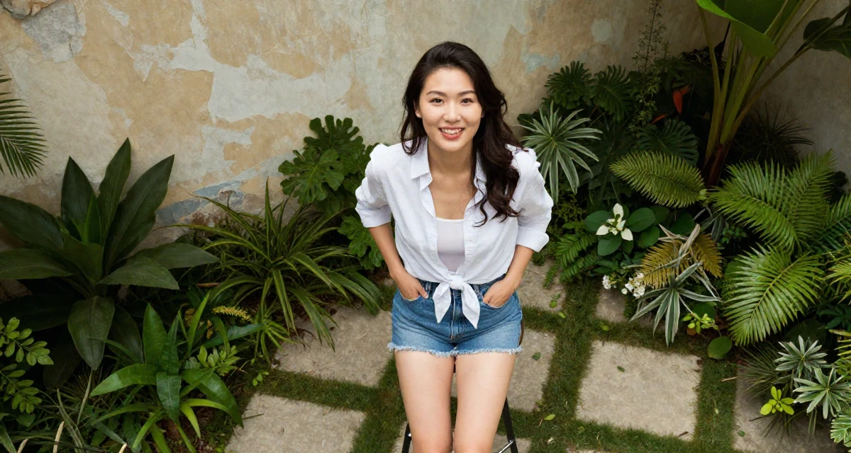 A warm and welcoming Female From Chinese-speaking regions, majored in marketing analytics in their 23, elevating content toward more polished sensual visuals, wearing a button-down shirt tied at the waist and denim cutoffs, putting hands in pockets in a photo studio.