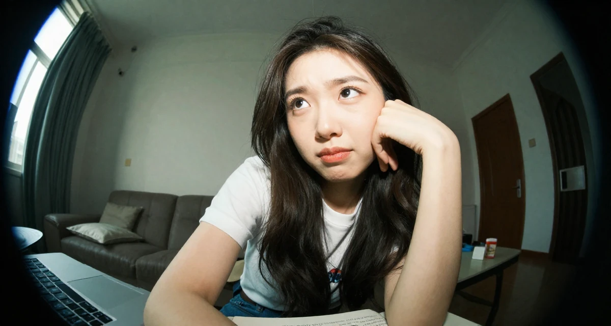 A spirited Female From Hangzhou China, majored in visual arts in their 21, feeling the anxiety of impending graduation, wearing a refined casual Friday look, leaning head on a hand in a home interior.