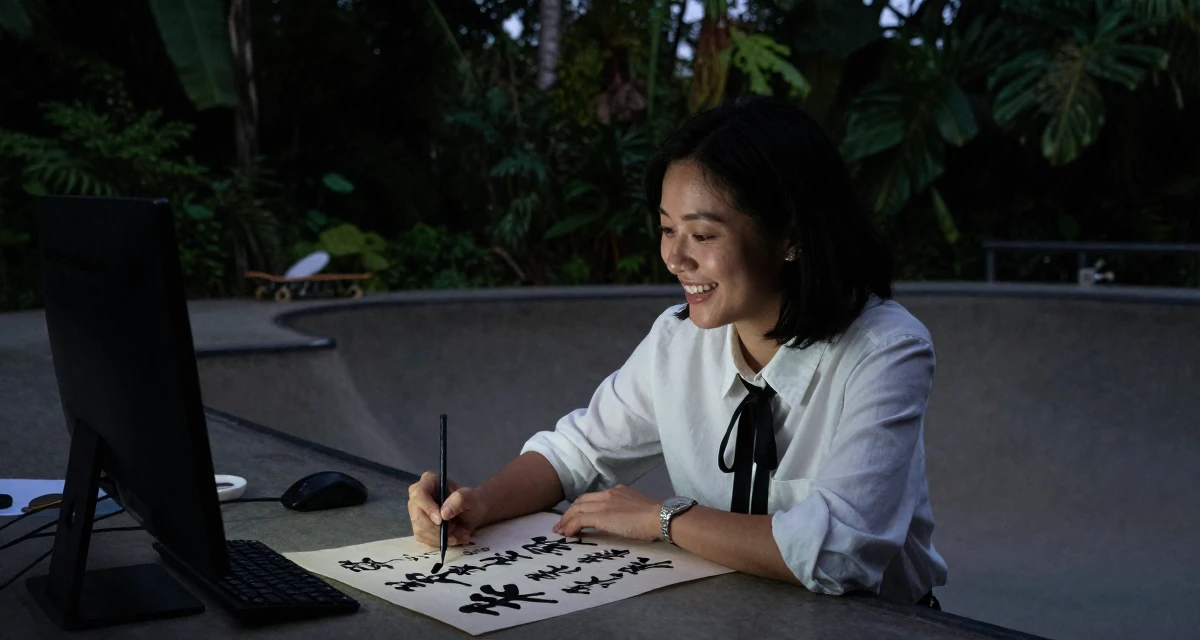 A smiling gently Female Once a calligraphy hobbyist, now integrating art into sensual themes in their 24, mastering the art of work-life separation, wearing a white shirt with a black ribbon tie, laughing softly in a skate park.