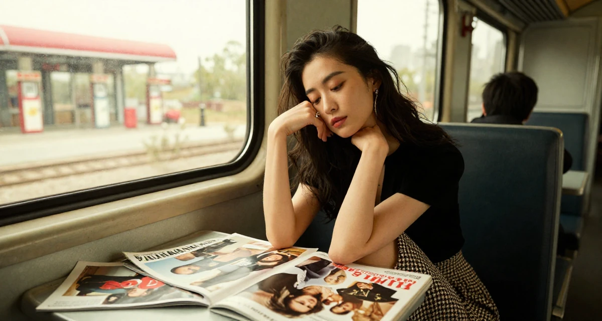 A relieved Female From Shanghai China, majored in journalism in their 23, discovering the allure of slow, controlled movement, wearing a houndstooth pattern skirt and black top, playing with a ring on a finger in a train carriage.