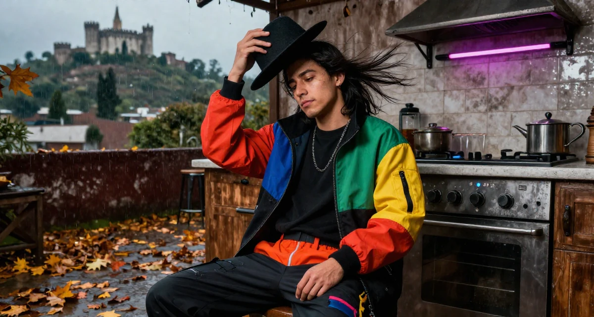 A quietly content male From Mexico City Mexico, studied graphic communication in their 21, glowing with the thrill of legal drinking age, wearing a bold color-block outfit, holding a hat against the wind in a rustic kitchen.