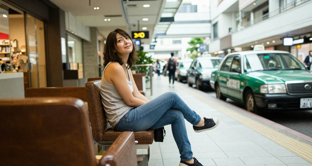 A sweet Female From Japan, majored in sociology in Tokyo in their 33, embracing a solo travel lifestyle, wearing a simple tank top and jeans, waiting for a taxi in a shopping mall atrium.