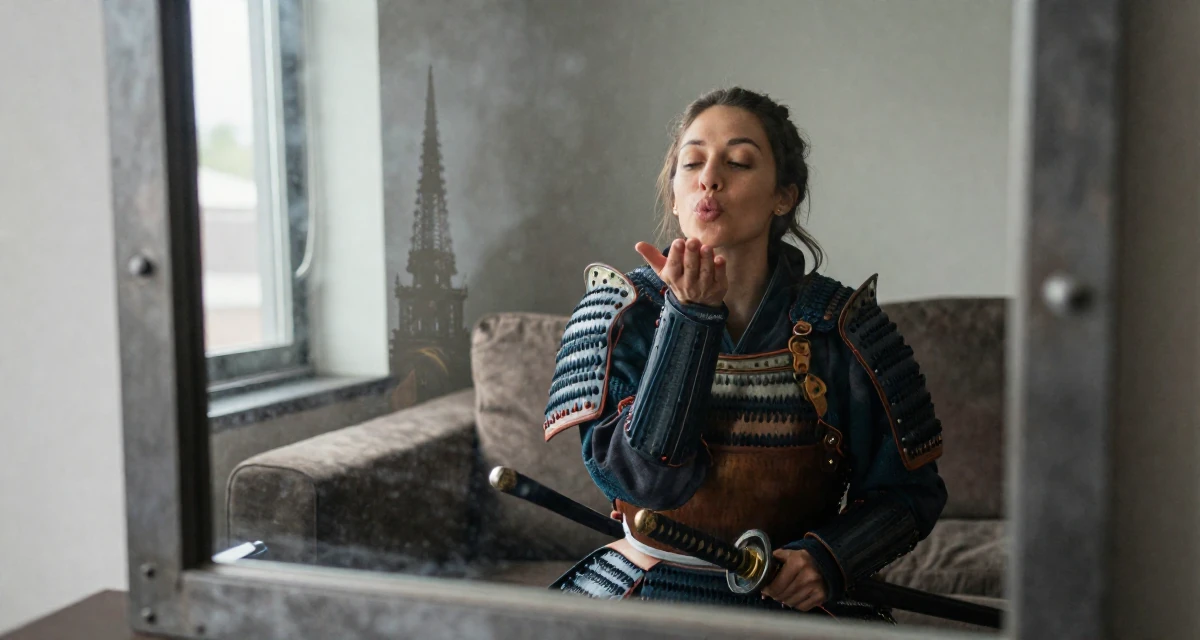 A peaceful Female From Houston USA, majored in psychology in their 30, knowing the hustle is hard but quitting feels worse, wearing a samurai armor set with a katana at the waist, blowing a kiss in a vanity mirror.