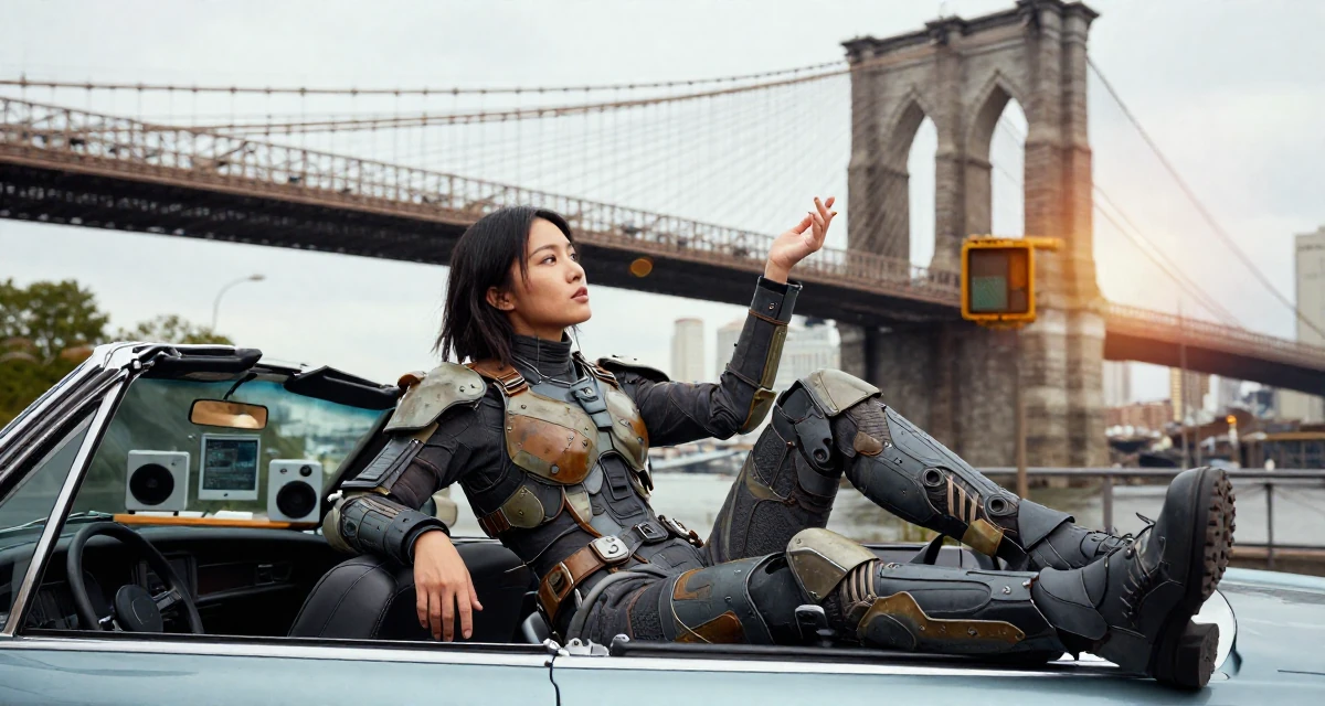 A lighthearted Female From Suzhou China, holds a degree in architecture in their 22, choosing bolder themes with more creative direction, wearing a biopunk organic armor suit, waiting for a light to change in a vintage convertible car.