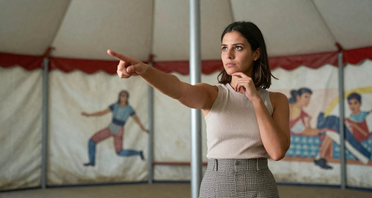 A resilient Female From Milan Italy, trained in fashion-editorial posing in their 25, considering expanding into TikTok or Reddit promo, wearing a fitted ribbed top and a check pattern skirt, touching the chin thoughtfully in a circus tent interior.
