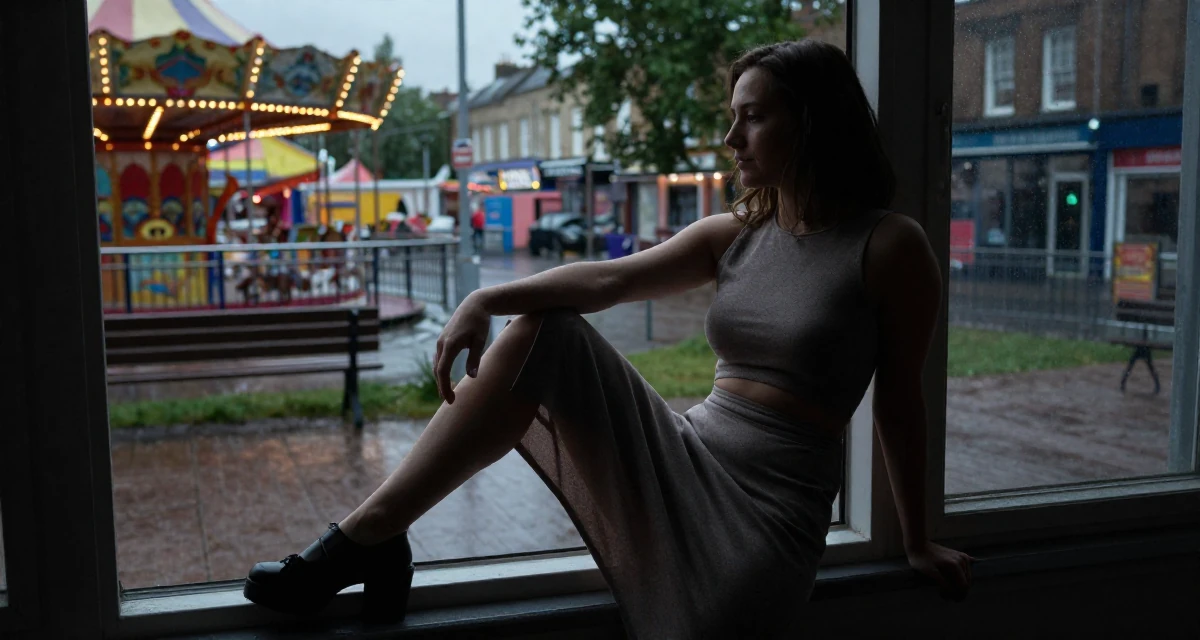 A deeply absorbed Female From UK, has a background in english literature and theatre in their 23, becoming skilled at angles that highlight confidence, wearing a fitted midi dress with a cutout at the waist, tapping a foot rhythmically in a carnival with rides.