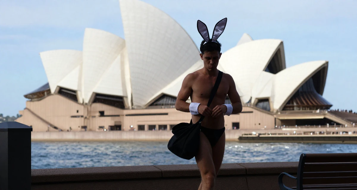 A pouting male From Rome Italy, studied classical body aesthetics and figure drawing in their 25, pretending confidence while filming take after take, wearing a playful bunny girl costume with satin ears and cuffs, zipping up a bag in a front porch.