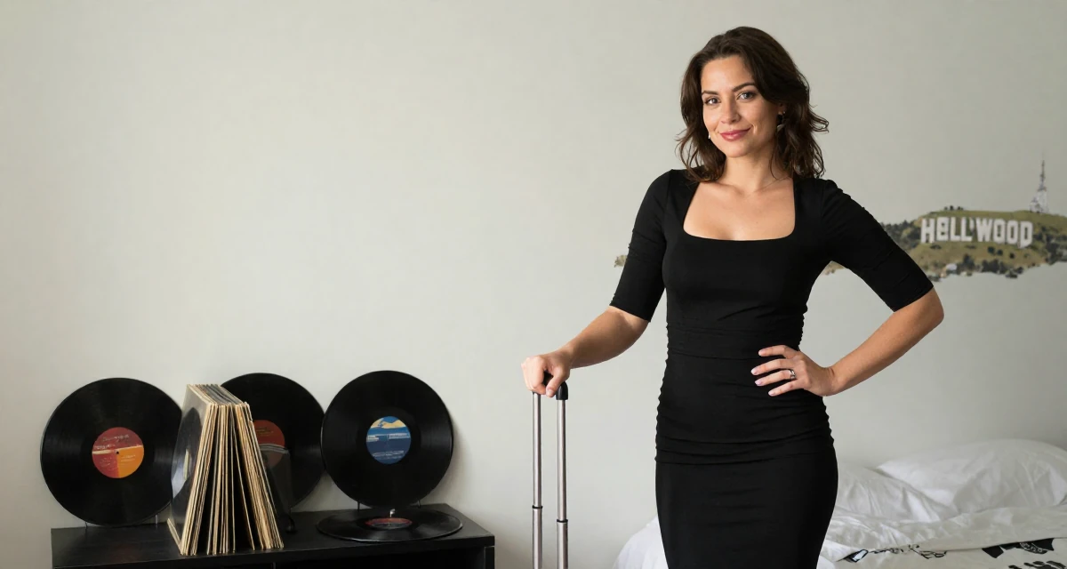 A satisfied Female From Germany, studied information engineering in their 24, analyzing long-term compatibility in dating, wearing a fitted black dress with a square neckline, polling a luggage handle in a minimalist bedroom.