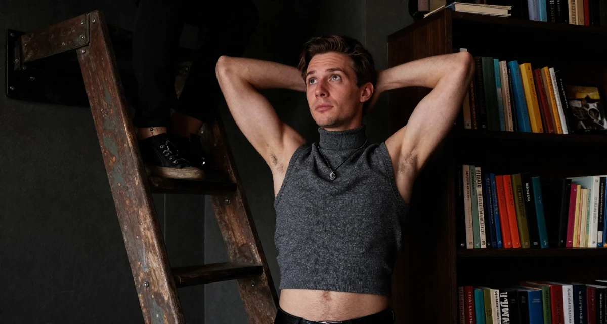 A inspired male From Germany, studied industrial design at a technical college in their 28, feeling behind while peers climb stable career ladders, wearing a high-neck sleeveless crop top showing toned arms, fiddling with a necklace in a coffee shop corner.