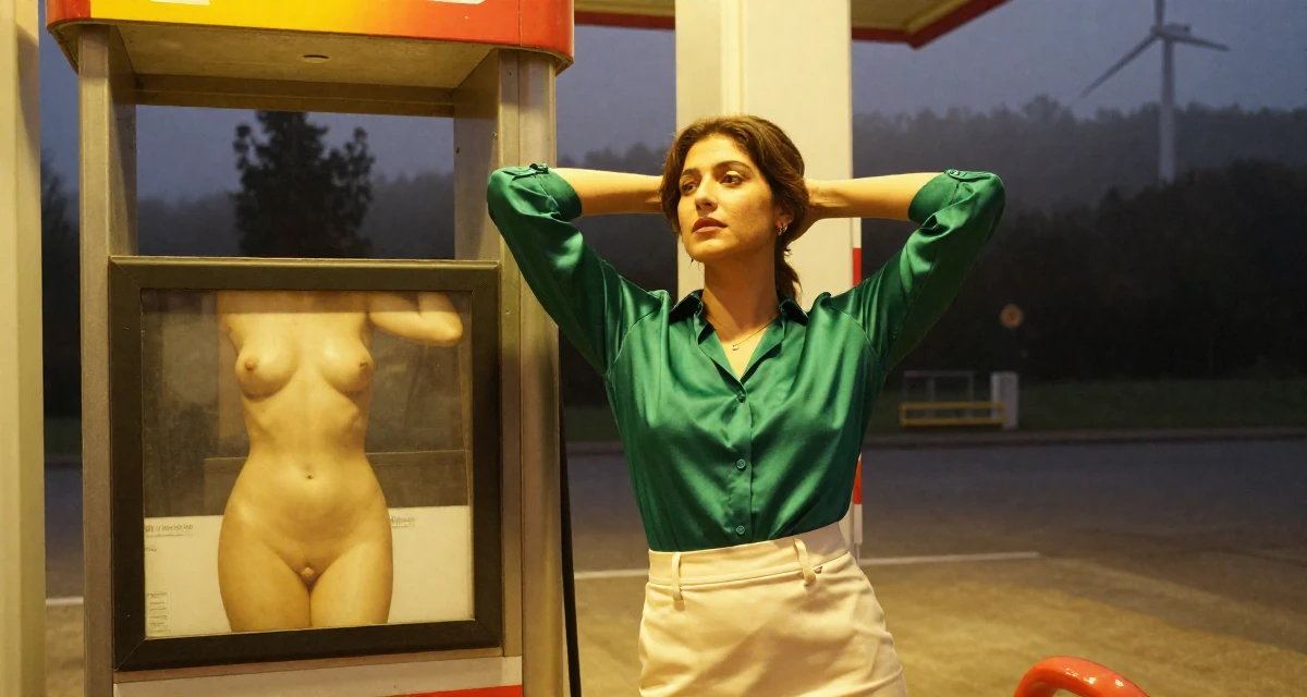 A relaxed and observant Female From Florence Italy, practiced artistic nude composition in their 25, trying to build an aesthetic that feels authentic, wearing a emerald green silk blouse and a cream skirt, reaching for a pocket in a gas station at night.