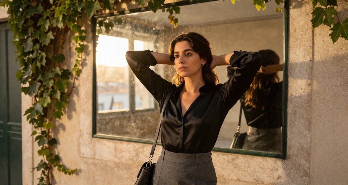 A gently serious Female From Lisbon Portugal, majored in digital communication in their 25, pretending confidence while filming take after take, wearing a black silk blouse slightly unbuttoned and a grey skirt, looking through a bag in a historic downtown.