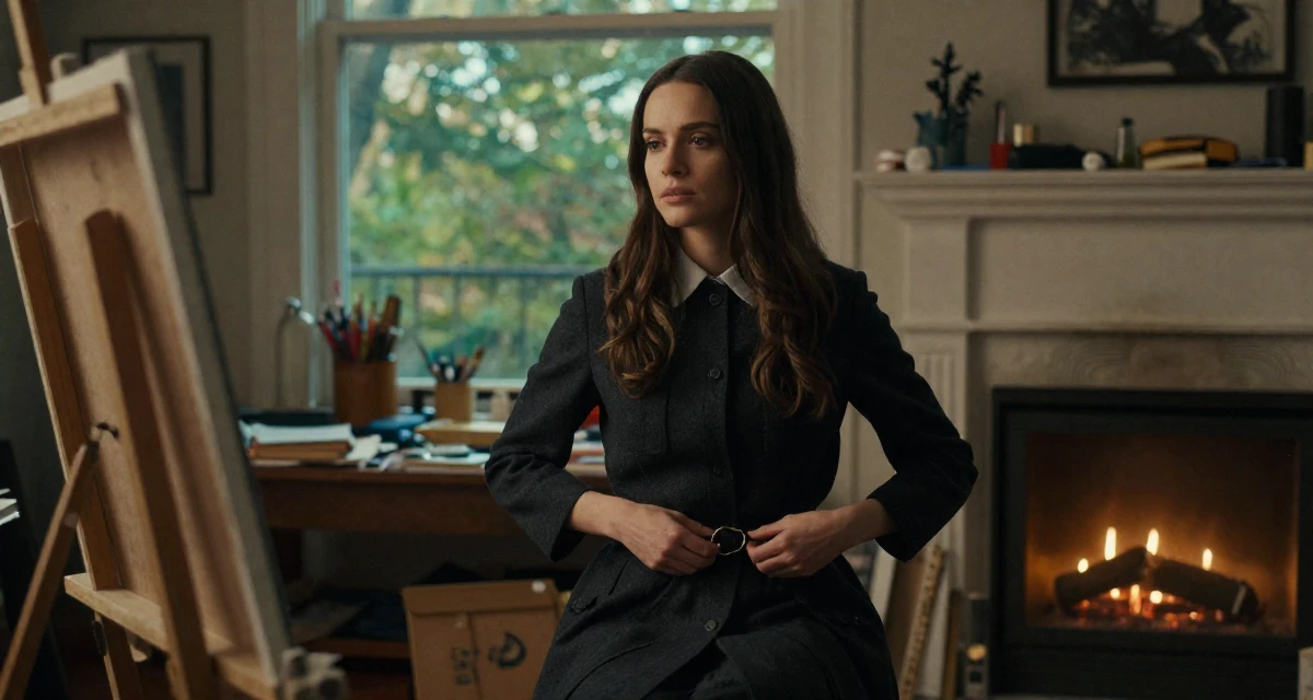 A reflective Female Former stay-in nanny, now building her own self-expression platform in their 23, realizing content creation requires real discipline, wearing a dark academia inspired outfit, fixing a belt buckle in a messy artist studio.