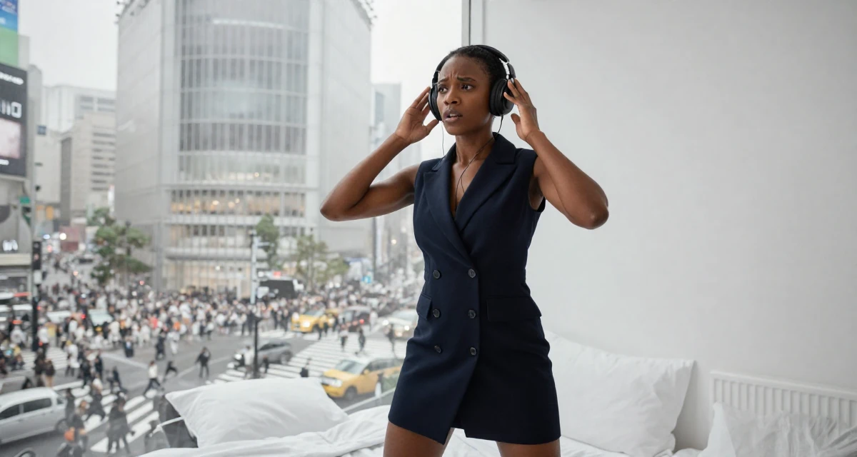 A stunned Female From Zambia, majored in marketing communication in their 22, using sensual energy as empowerment instead of pressure, wearing a sleeveless blazer dress showing toned arms, listening to music with headphones in a minimalist bedroom.