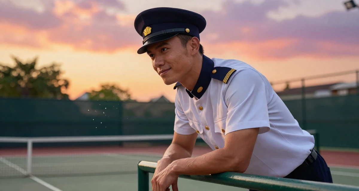 A friendly and approachable male Raised in Vietnam, studied digital illustration in their 25, transitioning from teenage habits to adult routines, wearing a imperial officer uniform with a peaked cap, leaning on a railing in a tennis court.