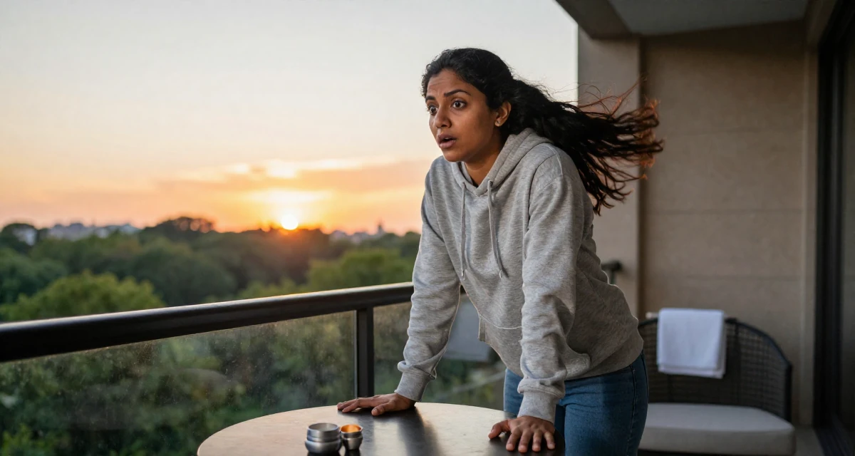 A surprised Female Born in India, studied data analytics for media in their 33, feeling a deep sense of gratitude and grounding, wearing a classic grey hoodie and jeans, resting hands on a table in a luxury spa room.