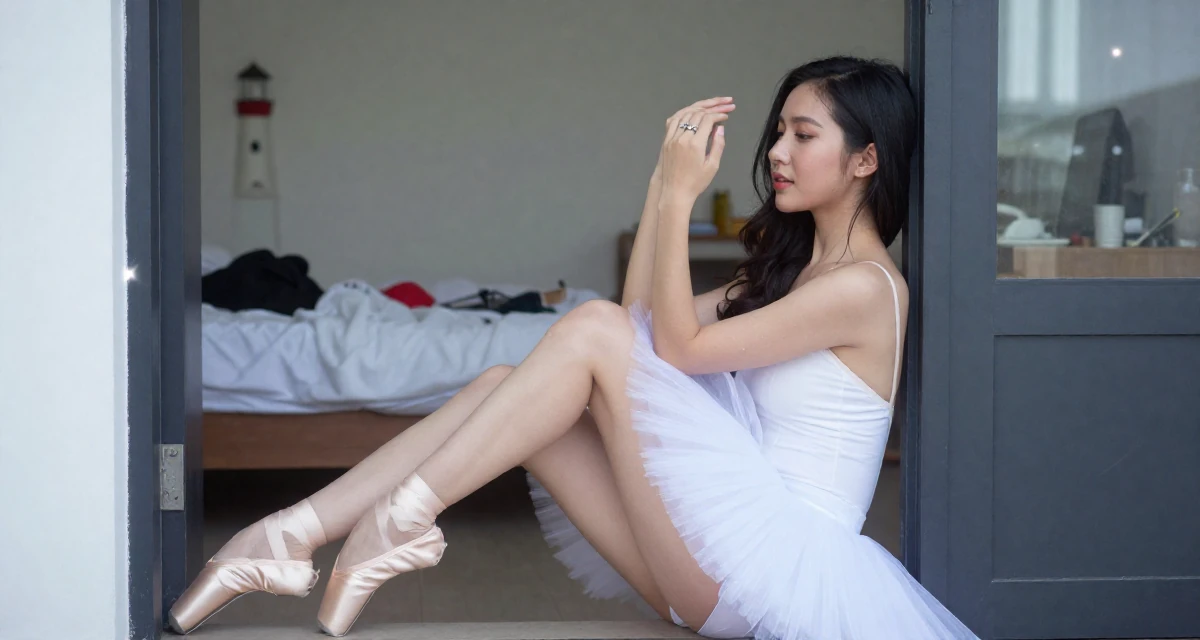 A sincere Female From Thailand, majored in tourism in their 23, using confidence as the core of seductive branding, wearing a ballet tutu and satin pointe shoes, playing with a ring on a finger in a busy coworking space.