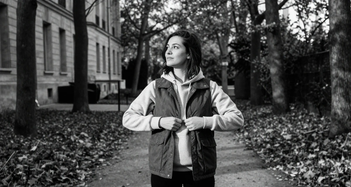 A upbeat Female From Paris France, studied artistic nude photography as a creative discipline in their 25, appreciating quiet mornings and routines, wearing a layered vest over hoodie, buttoning a jacket in a forest path.
