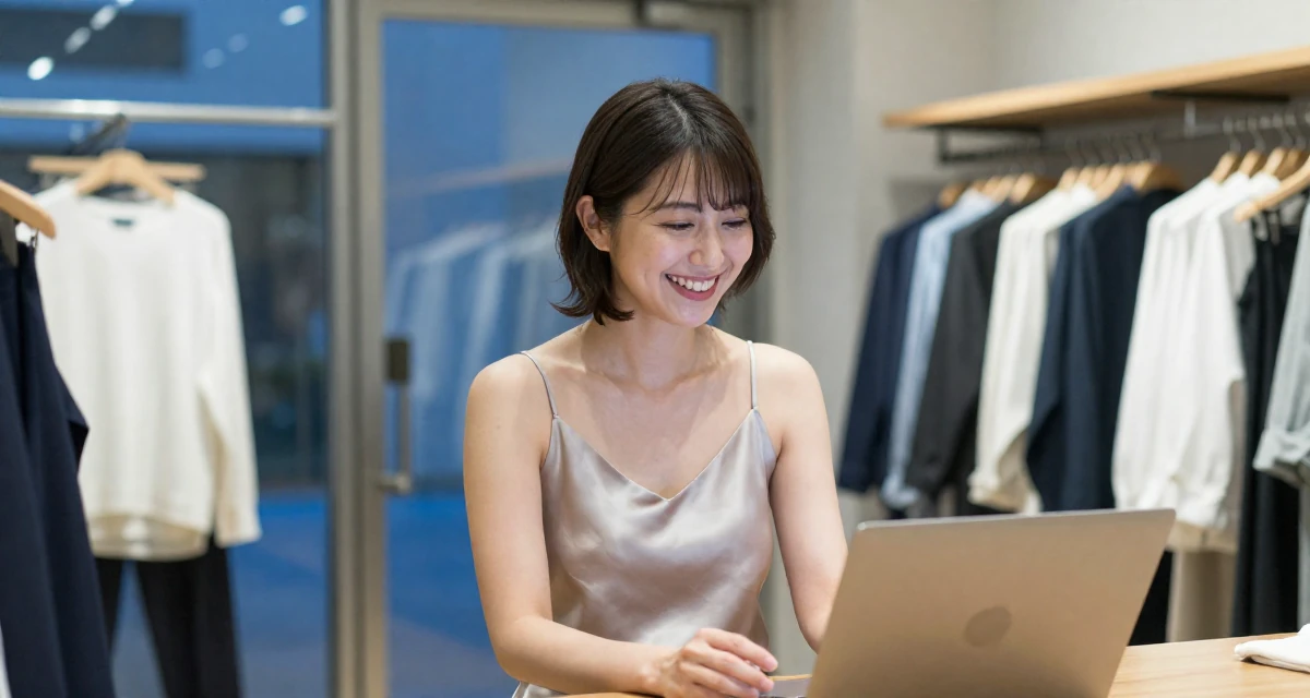 A smiling gently Female From Japan, majored in mechanical engineering in their 23, deciding between safe and risky career moves, wearing a silk slip dress in a soft neutral tone, laughing uncontrollably in a clothing boutique.