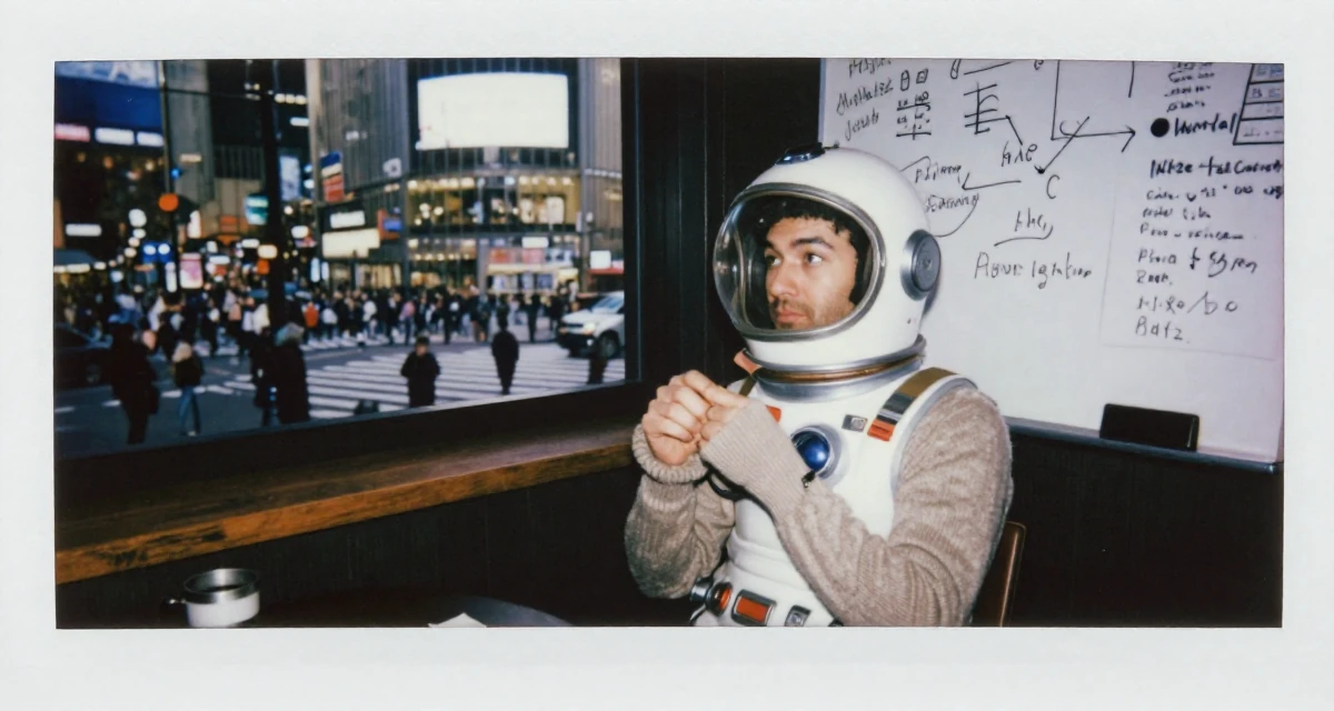 A curious and focused male From Vancouver Canada, majored in fine arts in their 20, fueled by caffeine and late-night ambition, wearing a retro sci-fi space girl outfit with a bubble helmet, pulling a sweater sleeves over hands in a dimly lit jazz bar.