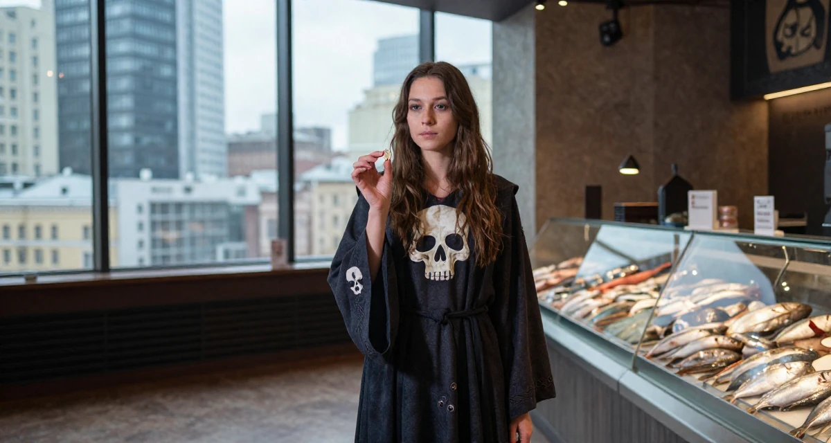 A hypnotic Female From Saint Petersburg Russia, studied fine arts in their 22, managing new financial responsibilities, wearing a dark fantasy necromancer robe with skull motifs, flipping a coin in a cinema lobby.