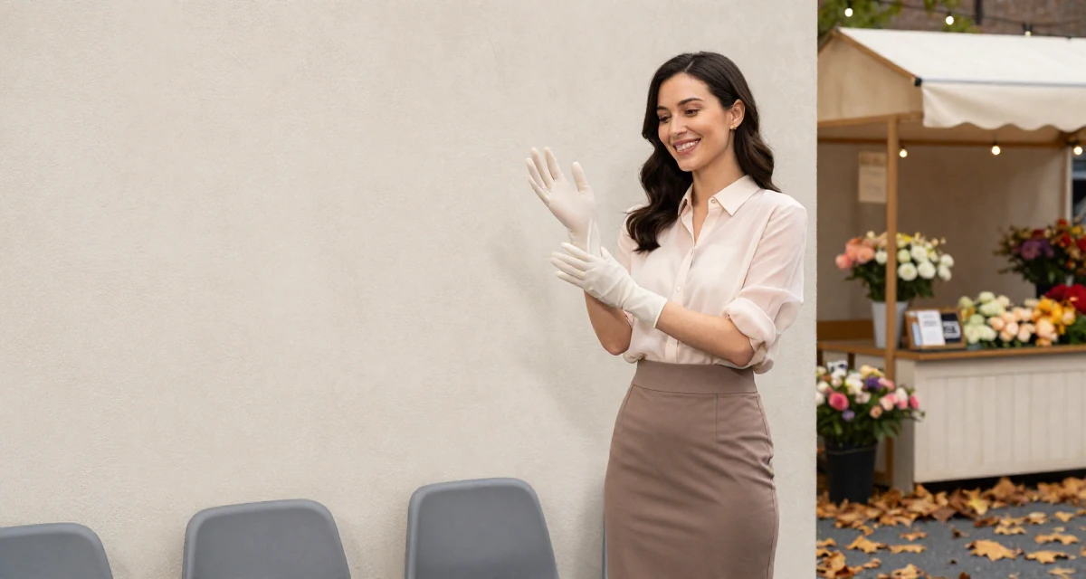 A victorious Female Former spa receptionist, now blending beauty with calm-aesthetic content in their 23, recovering from early career burnout, wearing a sheer sleeve blouse and a high-waisted skirt, removing a glove in a waiting room.