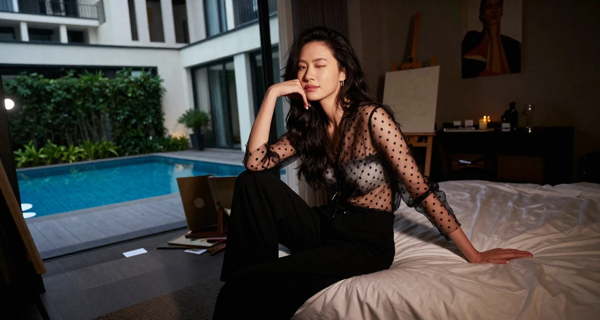 A dreamy Female Once a biology student, now exploring sensual posing as art in their 25, preparing for larger adult responsibilities, wearing a sheer polka dot blouse and black trousers, winking playfully in a artist workshop.