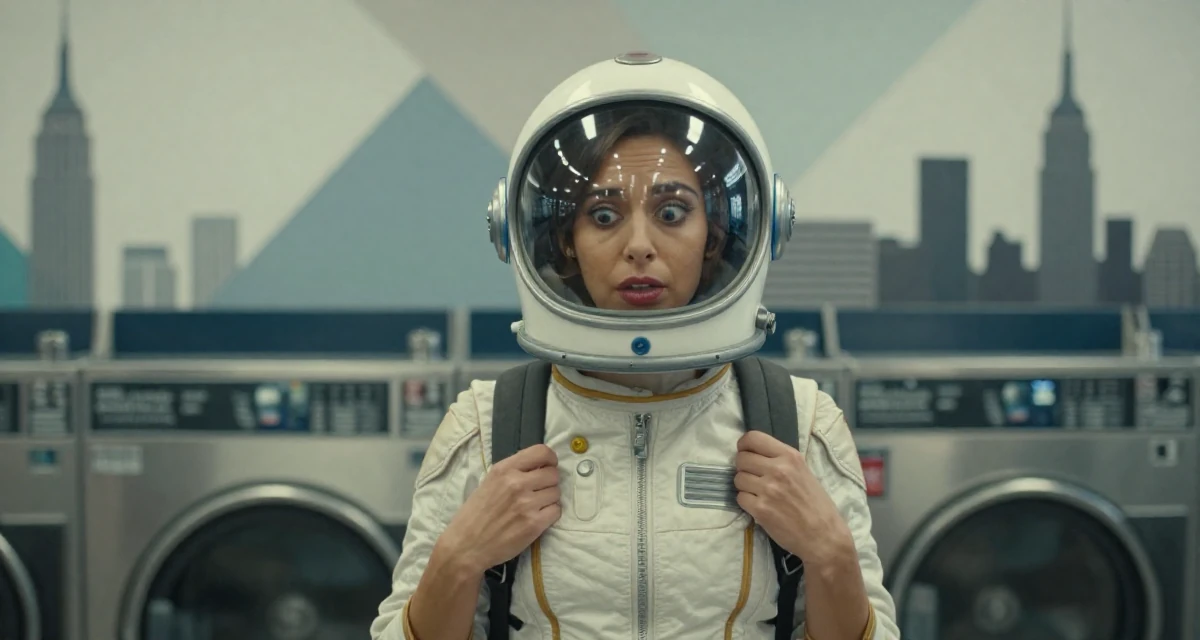 A triumphant Female Former Uber driver, now building slow-burn lifestyle storytelling in their 20, eyes wide with wonder and confusion, wearing a retro sci-fi space girl outfit with a bubble helmet, adjusting a backpack strap in a laundromat.