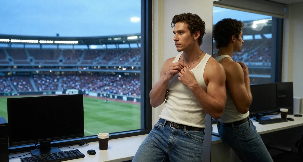 A alert and attentive male From United States, studied civil service management in their 22, building a seductive aesthetic while protecting privacy, wearing a simple tank top and jeans, fiddling with a necklace in a office workspace.