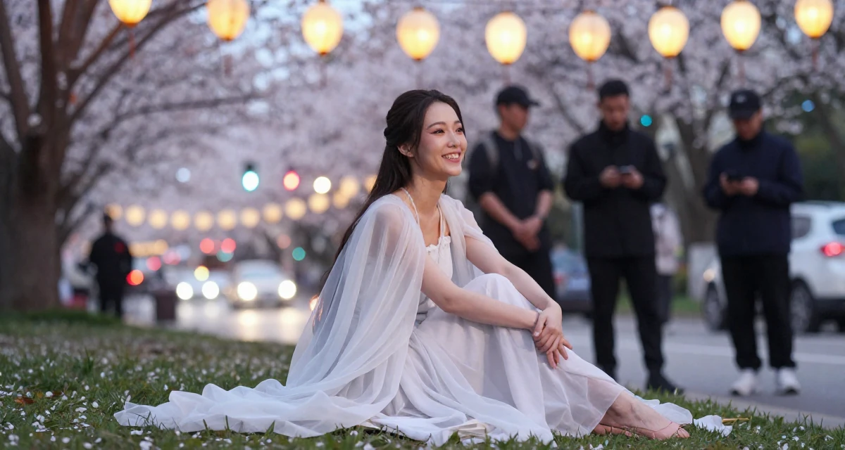 A optimistic Female From Macau, learned performance makeup from casino backstage crews in their 20, looking for their tribe in a new city, wearing a ethereal spirit dress made of flowing sheer chiffon, laughing softly in a cherry blossom park.