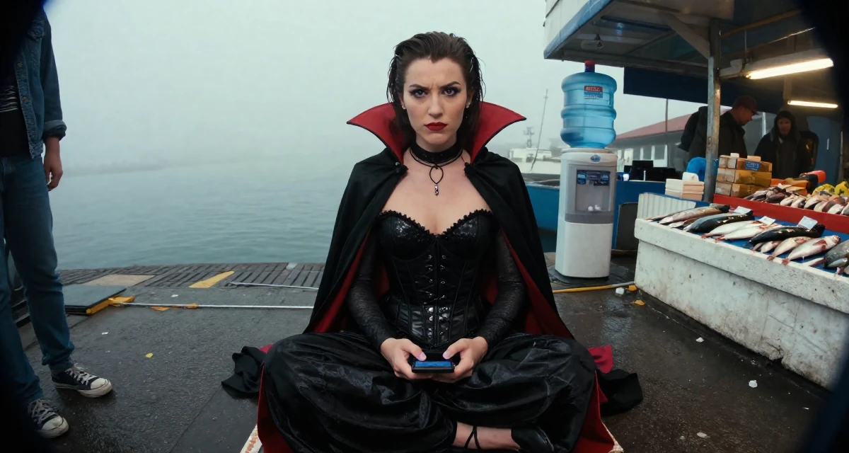 A unimpressed Female From Chile, studied commercial design in their 22, feeling powerful when fans appreciate confident vibes, wearing a vampire queen gown with a high collar and corset, typing a message in a foggy harbor.