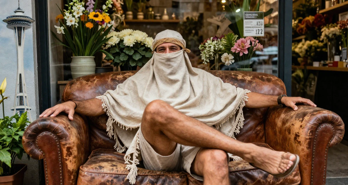 A cheerful male From Córdoba Argentina, studied biomedical engineering in their 50, launching a second act career with passion, wearing a desert nomad wrap outfit with a face veil, crossing legs in a flower shop entrance.