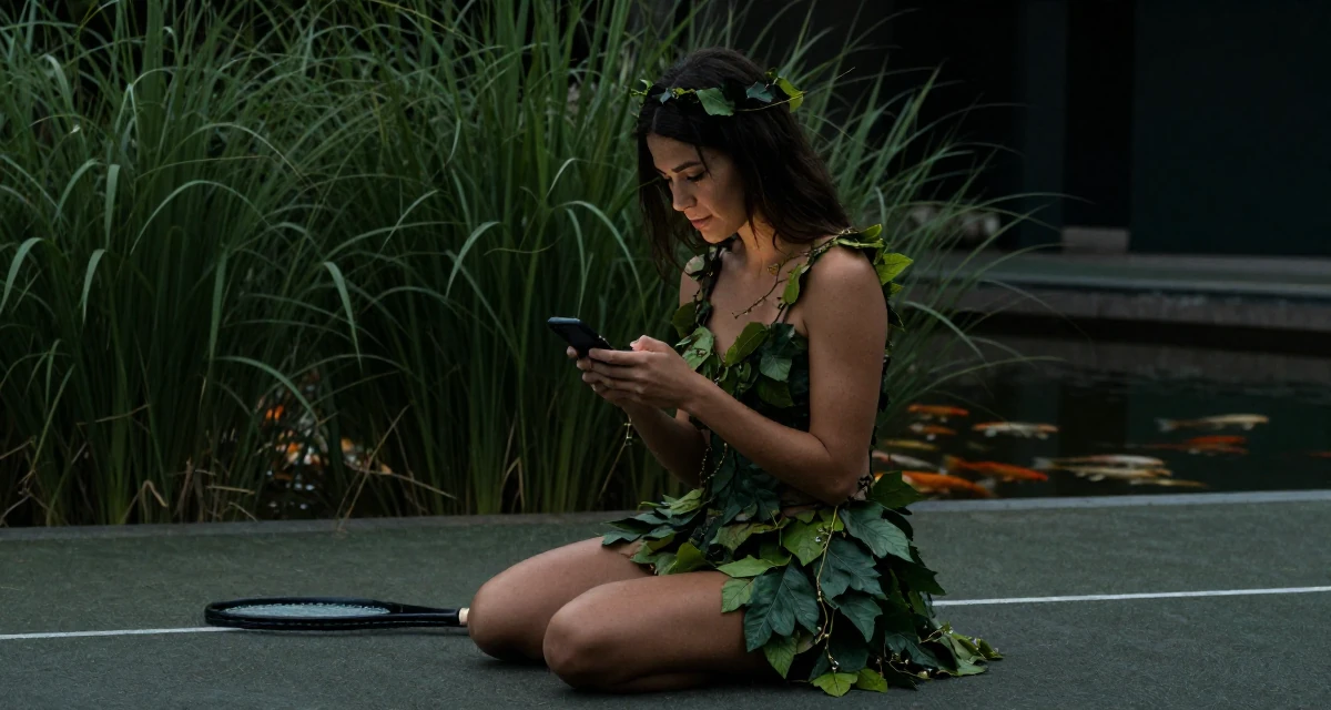 A magnetic Female Once a ballet dropout, now redefining movement through intimate expression in their 25, building a loyal fanbase with tasteful flirty storytelling, wearing a forest dryad costume made of leaves and vines, checking a notification on a phone in a tennis court.