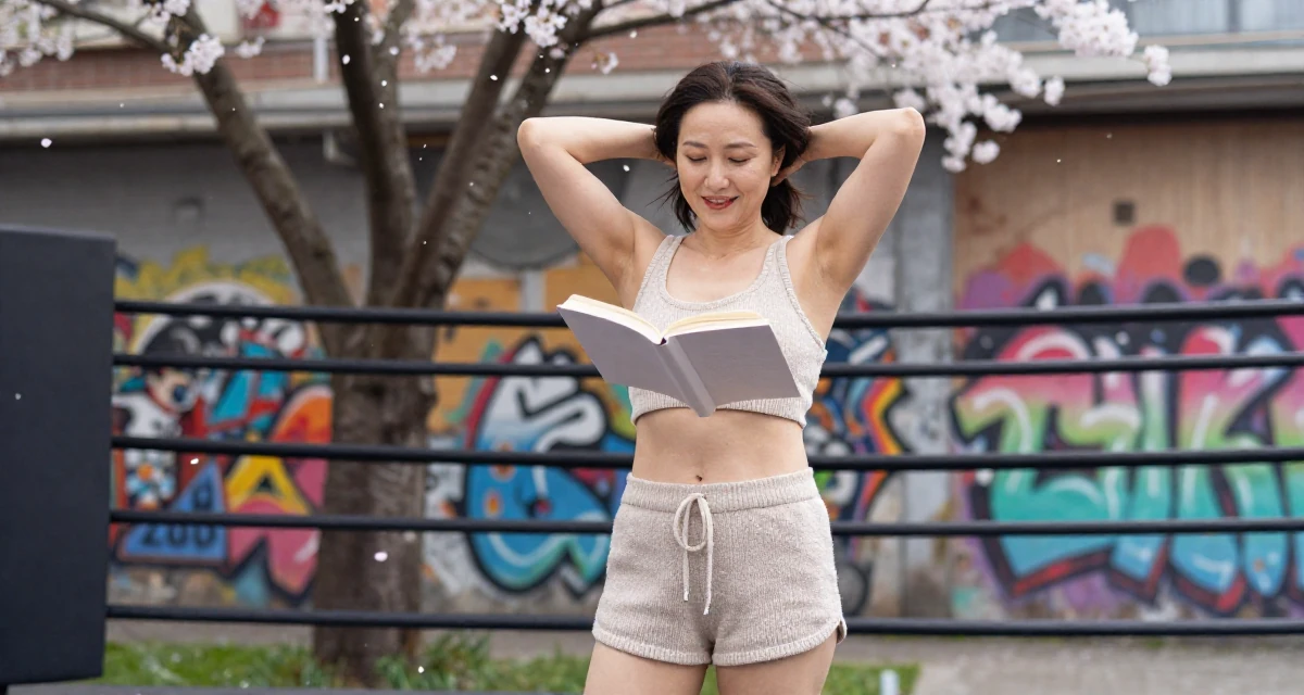 A charming Female From Wuhan China, studied marketing and communications in their 40, embracing natural beauty and self-acceptance, wearing a knitted loungewear shorts and a matching tiny top, opening a book in a boxing ring.