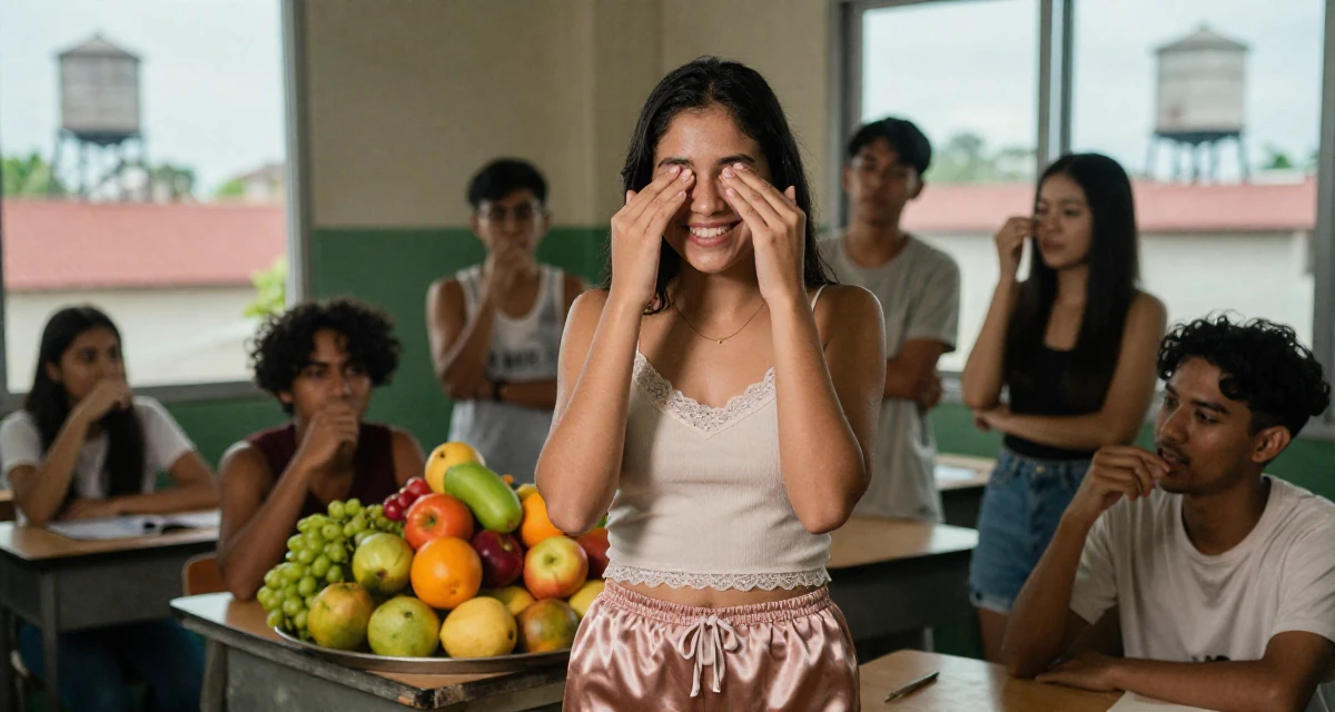 A upbeat Female From the Philippines, majored in mass media in their 22, grinding nonstop while peers enjoy carefree weekends, wearing a lace-trimmed camisole and silk lounge shorts, rubbing eyes in a classroom setting.
