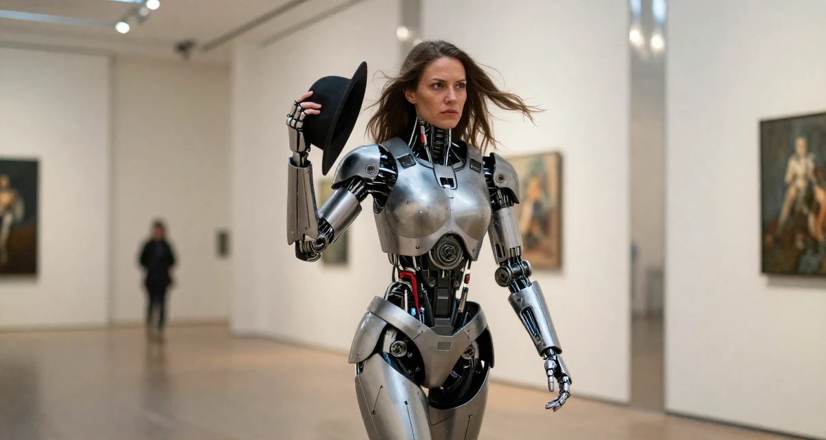 A intimidating Female Former massage therapist, now offering wellness-focused content in their 23, seeking spiritual grounding amidst chaos, wearing a futuristic android body armor with exposed mechanical parts, holding a hat against the wind in a art gallery hall.