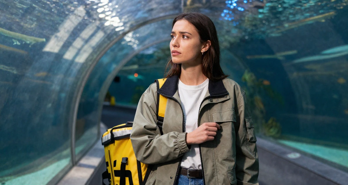 A troubled Female Former food delivery biker, now exploring creator freedom in their 29, trying to plan a future with unpredictable income, wearing a structured jacket with casual tee, looking for something in a pocket in a aquarium tunnel.