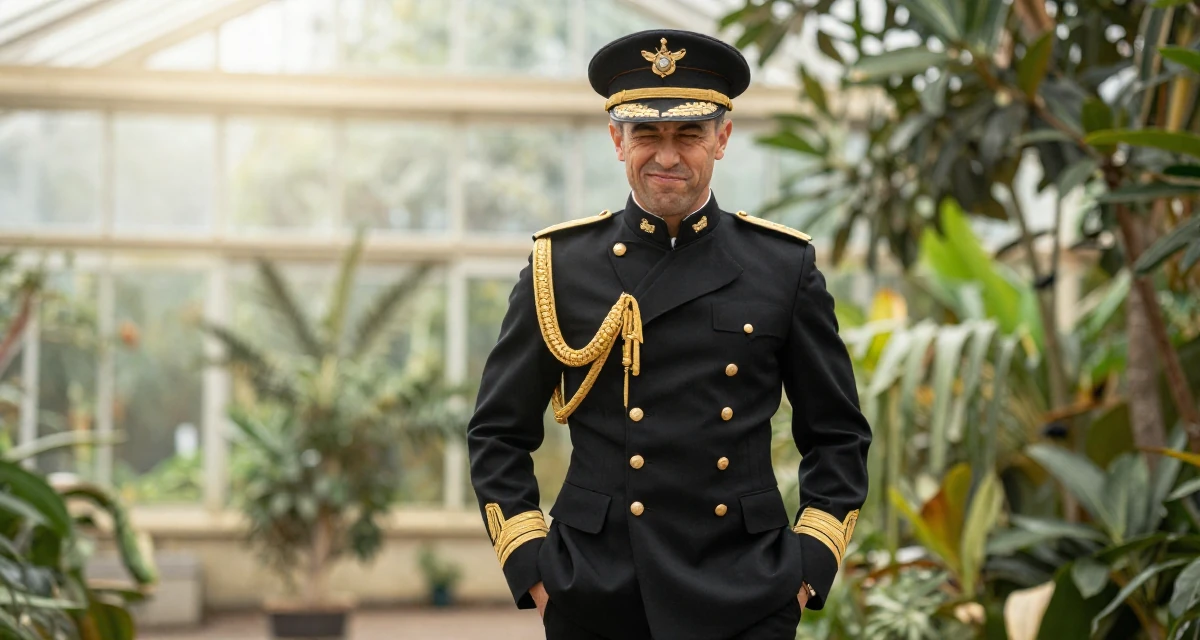 A cheeky male From Brisbane Australia, learned fitness coaching and transformation storytelling in their 25, defining a mature, seductive but classy persona, wearing a military general uniform with gold braiding and a hat, putting hands in pockets in a botanical greenhouse.