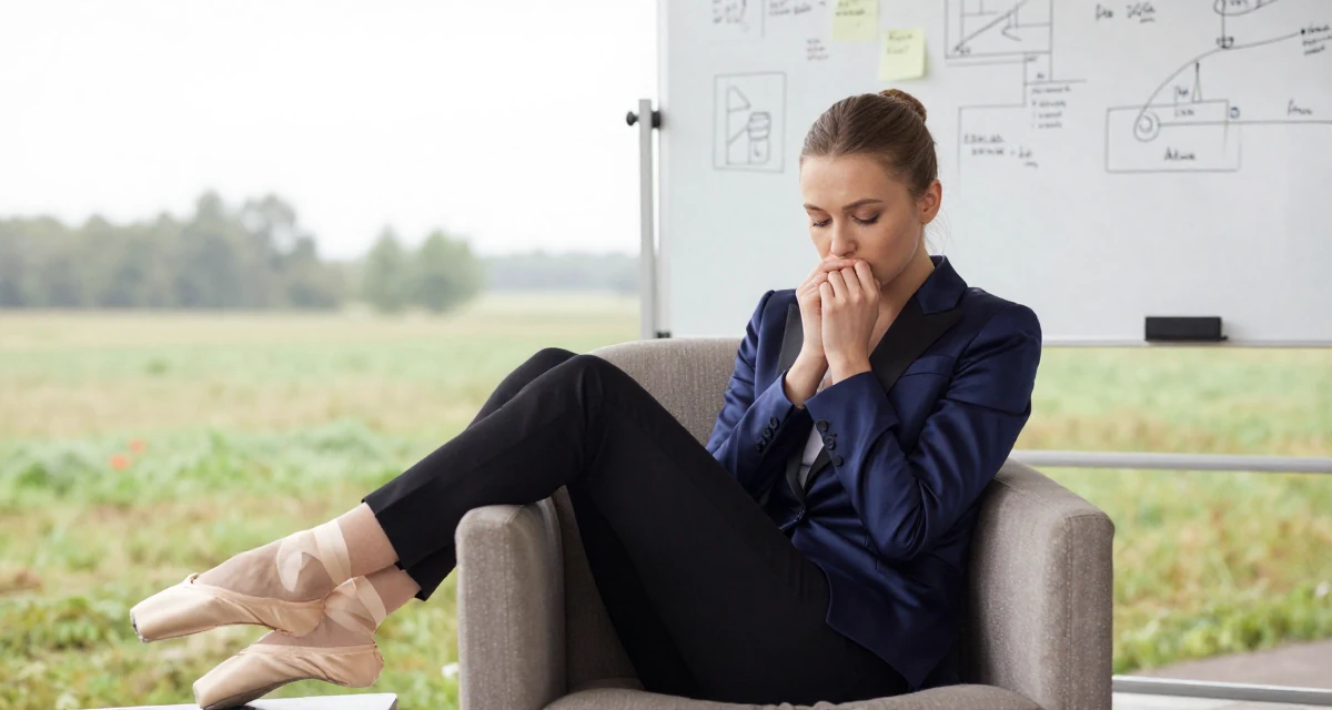 A melancholic yet beautiful Female From Russia, trained as a classical ballerina in their 24, prioritizing mental health over the grind, wearing a satin lapel blazer and tuxedo pants, shivering slightly in a farm field.