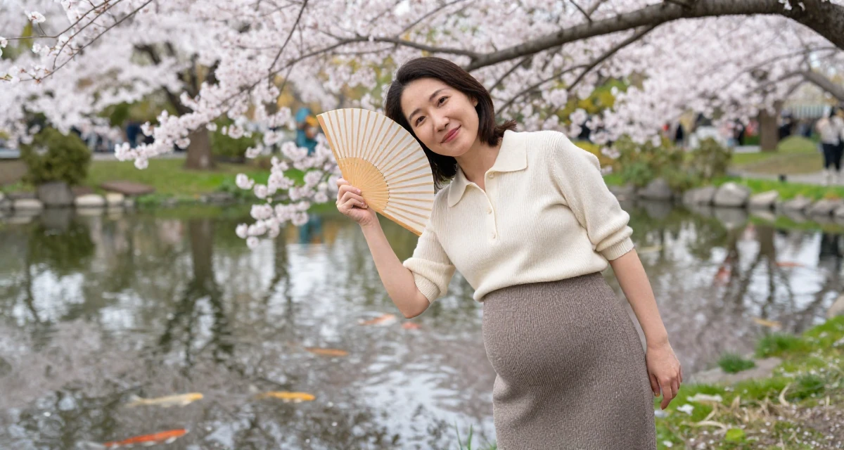 A pleased Female Raised in Sweden, studied creative technology in their 36, preparing for a second child, wearing a knitted polo shirt tucked into a midi skirt, fanning self with a hand in a cherry blossom park.