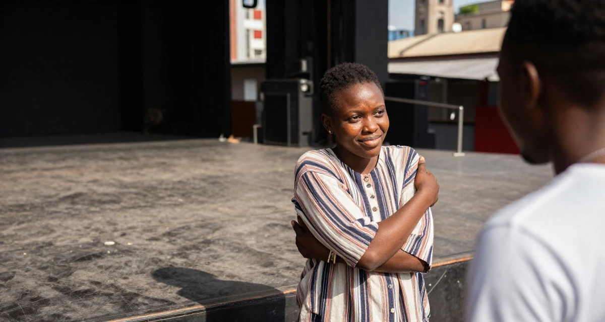 A friendly Female From Cameroon, majored in applied statistics in their 25, developing a stronger creator identity and niche, wearing a relaxed vacation shirt, smiling at a stranger in a empty theater stage.