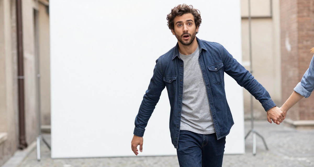 A surprised male From Italy, based in Bologna, graduated from a local university majoring in media production in their 23, feeling pressure to “figure life out” quickly, wearing a modern casual lifestyle wear, holding hands with someone unseen in a quiet alleyway.