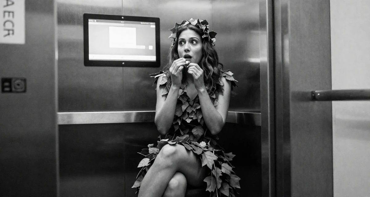 A awestruck Female From Thessaloniki Greece, majored in international economics in their 40, starting a business after years of corporate life, wearing a forest dryad costume made of leaves and vines, humming a tune visually in a elevator hall.